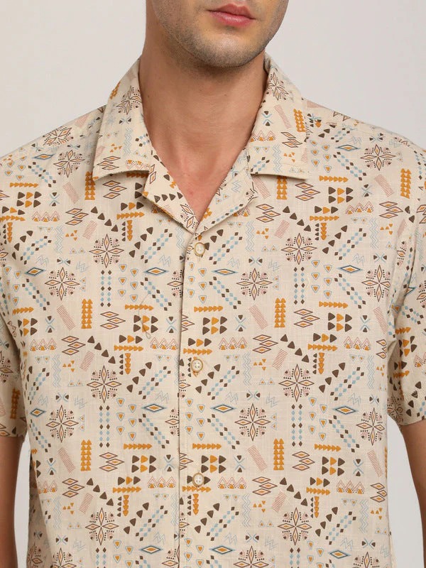 Indian Terrain Men's Slim Fit Half Sleeve All Over Print Beige Shirt